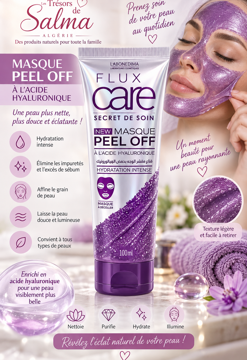 💜 Masque Peel Off à l’acide hyaluronique – Flux Care