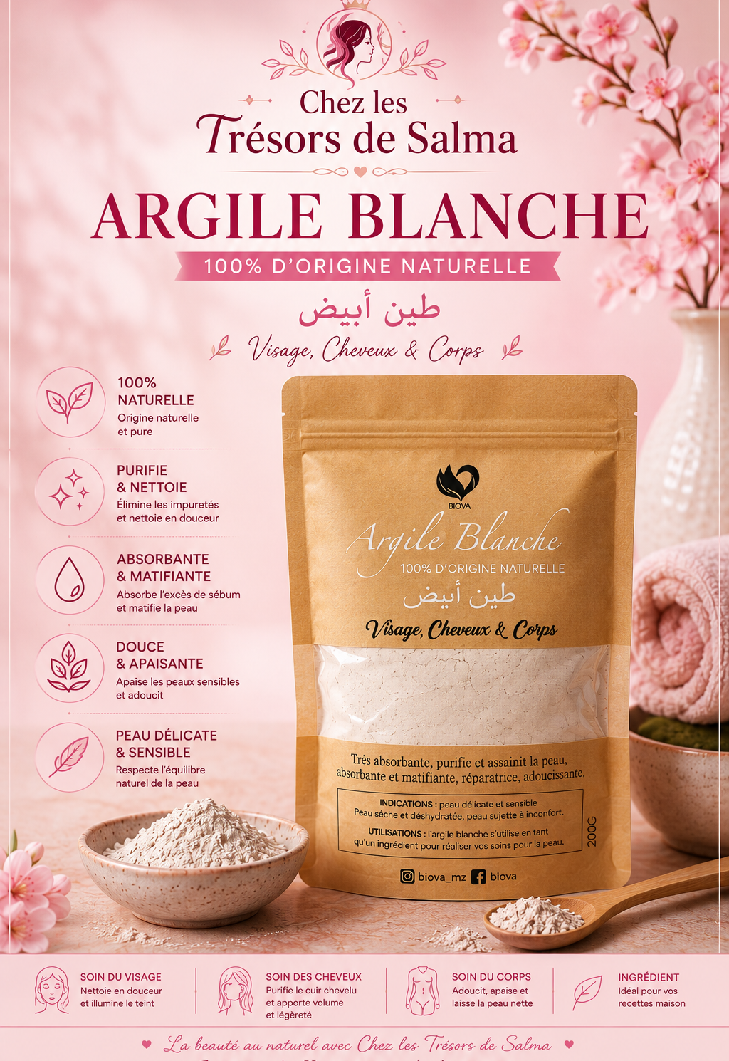 🤍 Argile Blanche BIOVA – 200 g