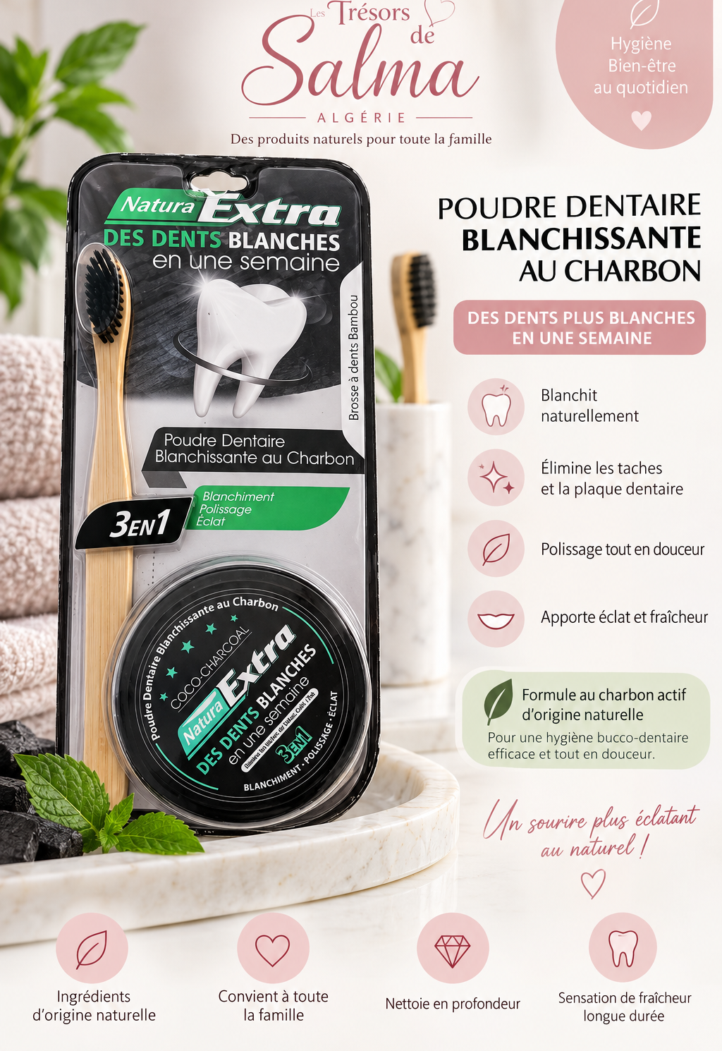 🦷 Poudre dentaire blanchissante au charbon – Natura Extra