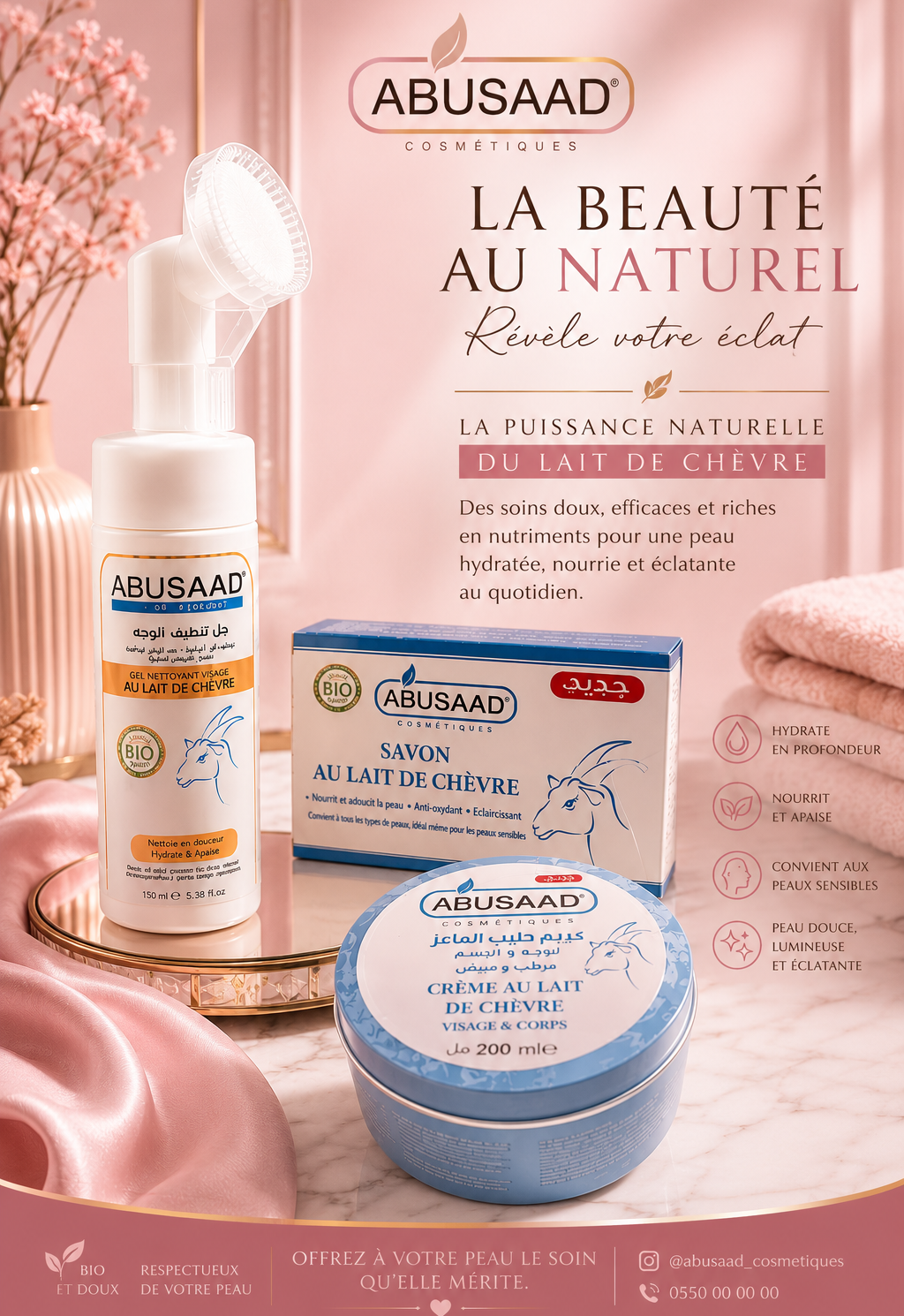 🌸 Crème, savon & gel nettoyant au lait de chèvre ABUSAAD