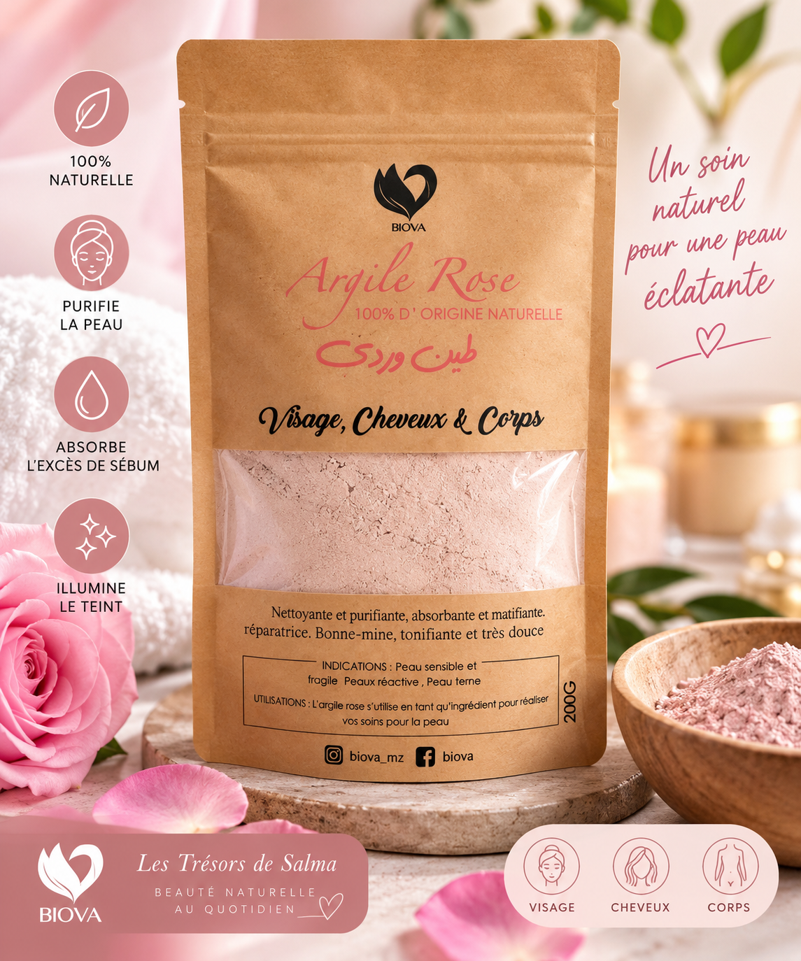 🌸 Argile Rose BIOVA – 200 g