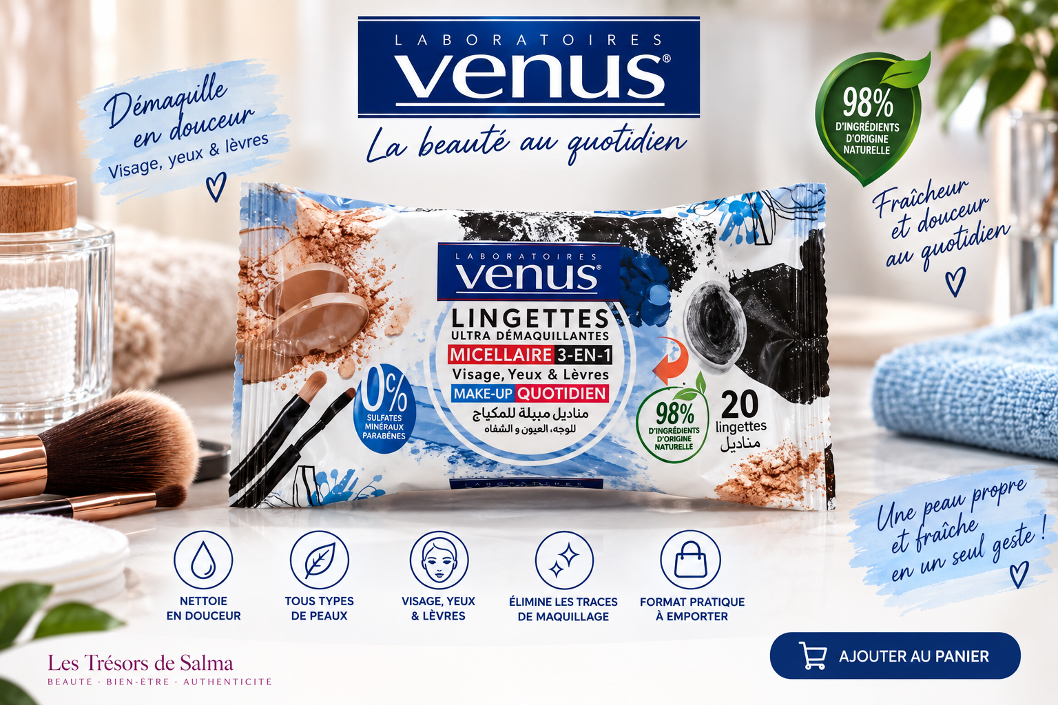 🩷 Lingettes Ultra Démaquillantes Venus – Micellaire 3-en-1 – Image 3