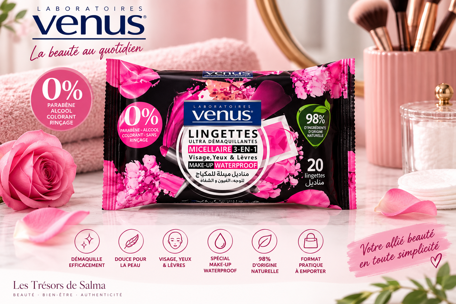 🩷 Lingettes Ultra Démaquillantes Venus – Micellaire 3-en-1 – Image 2