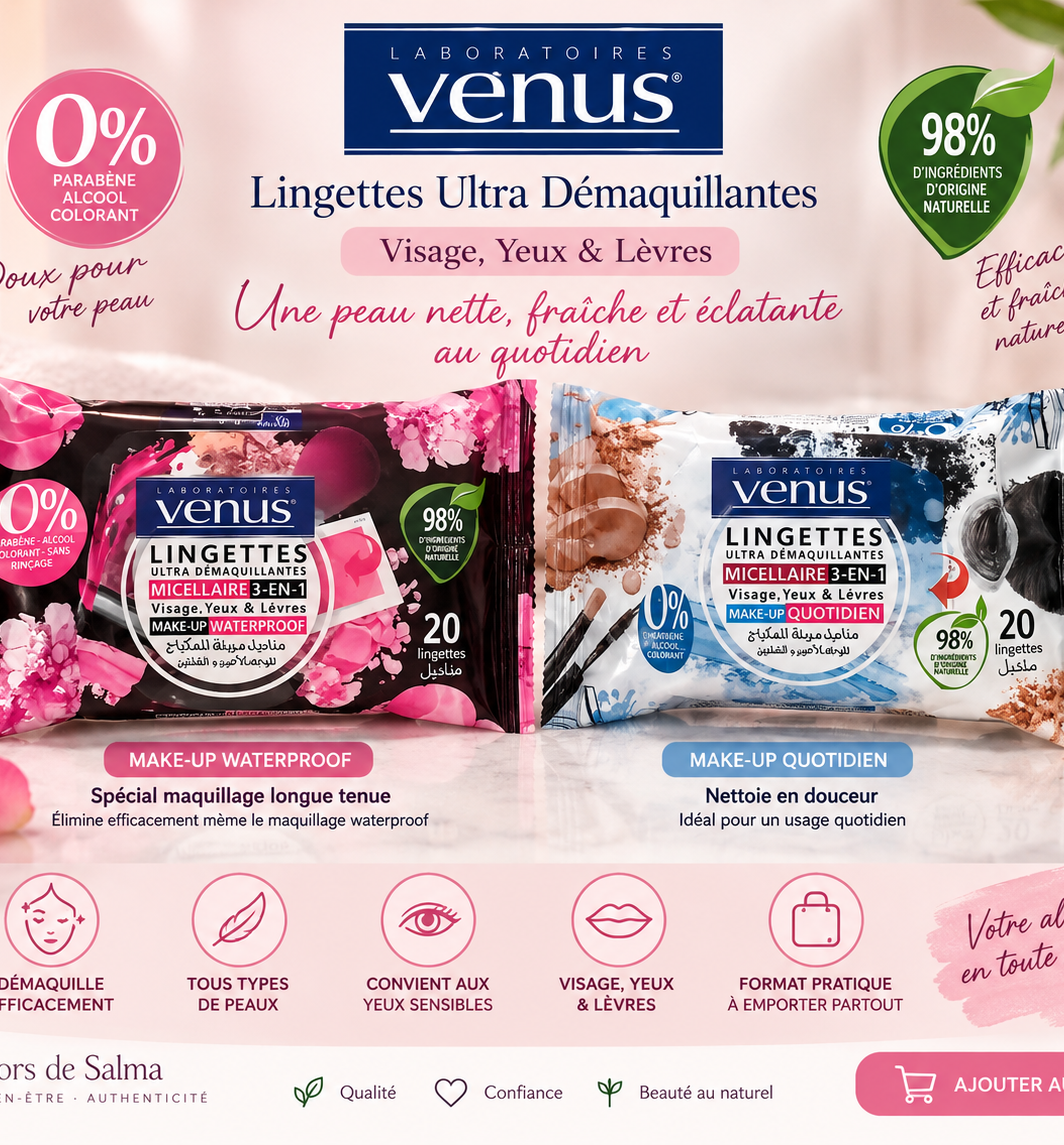 🩷 Lingettes Ultra Démaquillantes Venus – Micellaire 3-en-1