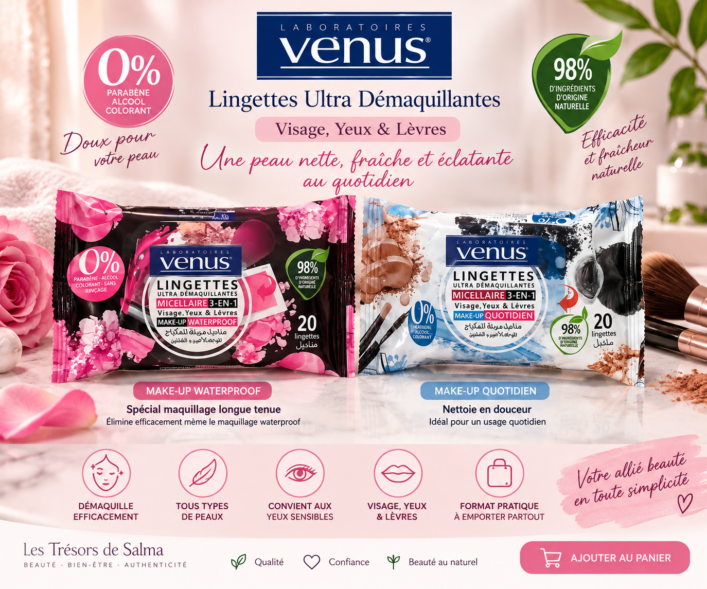 🩷 Lingettes Ultra Démaquillantes Venus – Micellaire 3-en-1